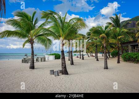 Ein Foto von einem Sandstrand auf Mauritius mit Palmen und Stühlen. Stockfoto