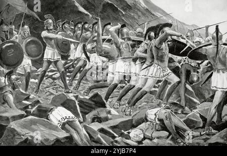 Leonidas I (d. 480 v. Chr.). König von Sparta (490-480). Leonidas und die Dreihundert an Thermopylae. Greco-Persian Kriege. Gravur in der Geschichte der Nationen. Stockfoto