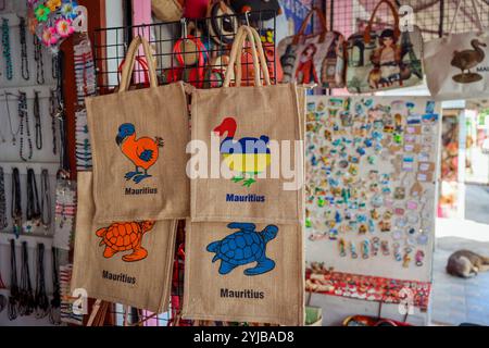 Zwei Taschen befinden sich auf einem Regal in einem Geschäft auf dem Mauritius Souvenirmarkt. Stockfoto