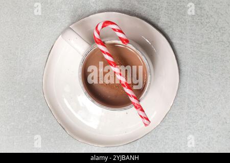 Weihnachtsschokolade-Milchbecher mit Zuckerrohr, Konzept der Winterferien Desserts und Dekoration Stockfoto