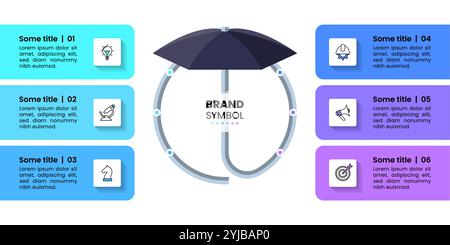 Infografik-Vorlage mit Symbolen und 6 Optionen oder Schritten. Regenschirm. Kann für Workflow-Layout, Diagramm, Banner und Webdesign verwendet werden. Vektorabbildung Stock Vektor