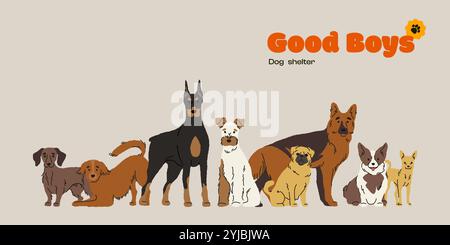 Niedliche Hundefiguren. Zeichentrickfilm-Hündchen-Banner für Hundehütte, lustige Hand gezeichnete Hundespaskottchen verschiedene Rassen und Farben, pelzige Kinder Haustier Sticker Stock Vektor