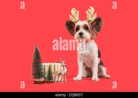 Niedlicher Biewer Terrier Hund in Rentierhörnern mit Weihnachtsdekor auf rotem Hintergrund Stockfoto