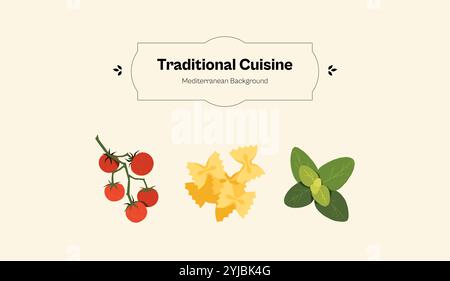 Italienisches Lebensmittelbanner. Abstraktes Poster mit traditioneller mediterraner Pasta-Basilikum-Tomate, dekorative Elemente für das Design von Restaurantmenüs. Vektor Stock Vektor