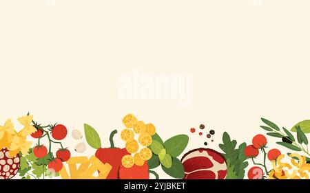 Italienisches Essen. Traditionelle italienische Küche Zutaten, hausgemachte Nudeloliven Tomatenbasilikum, nationales Lebensmittelkonzept. Vector Restaurant Menü Banner Stock Vektor