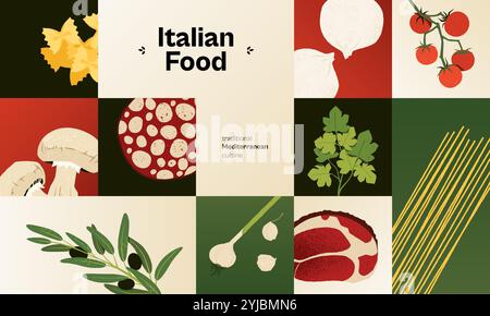 Abstraktes Banner für italienische Lebensmittelzutaten. Cartoon Spaghetti Pasta Gemüse und Käse, traditionelle mediterrane Küche, flache Nudeln. Vektorflyer Stock Vektor