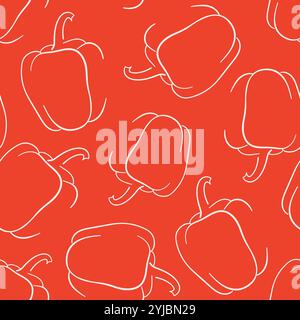 Pfeffer nahtloses Muster im Line Art Stil auf rotem Hintergrund. Perfektes Design für Agrarprodukte, Pakete, Menüs und Tapeten. Stock Vektor