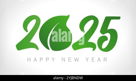 Gutes neues Jahr 2025 Umweltkonzept. 100 % natürliche kreative Vorlage. Zahlensymbol mit grünem Blatt. Sonderangebot Logo-Design. Typografie Stock Vektor