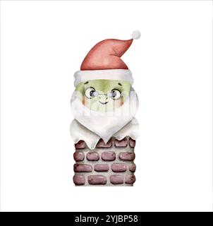 Silvester Weihnachten handgezeichnete Illustration in Aquarell mit süßer kleiner Schlange in Weihnachtsmanns Hut und Brille klettert aus dem Kamin. Jahr der sna Stock Vektor