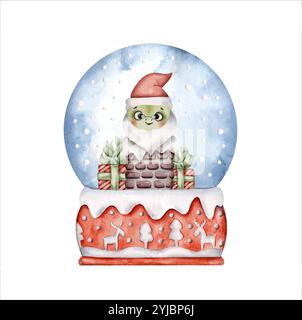 Silvester Weihnachten handgezeichnete Illustration in Aquarell mit süßer kleiner Schlange in Weihnachtsmanns Hut in Schneekugel. Jahr der Schlange, süße Zeichentrickschlange p Stock Vektor