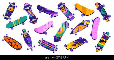 Zeichentrickskateboards. Retro-Holzbretter mit Rädern, Skateboard- und Longboard-Modelle für Straßensport, Freizeit und Jugendkultur. Vektor Stock Vektor