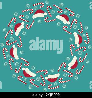 Gestreifter Zuckerrohr, Weihnachtsmannmützen und Schneeflocken an Weihnachten und Neujahr. Kopierbereich. Isolierte Vektor-Illustrationskarten, Poster, Broschüren, Banner, Grüße, Preisschild, Etikett oder Web Stock Vektor