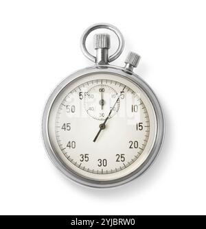Mechanische analoge Stoppuhr aus Vintage-Chrom, isoliert auf weißem Hintergrund. Stockfoto