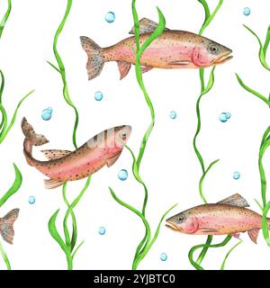 Nahtloses Muster mit Regenbogenforelle, Algen, Wasserblasen. Angelclipart. Handgezeichnetes Aquarell. Stockfoto
