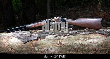 Das im Wilden Westen beliebte Karabinenstoff-Action-Gewehr liegt über einem Baumstamm im Wald. Stockfoto