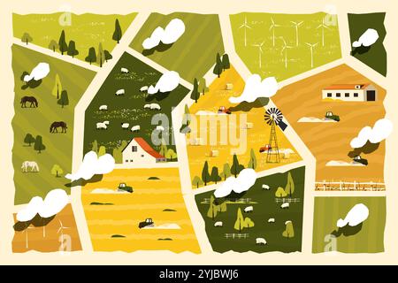 Niedliche Landkarte. Cartoon-Dorf auf dem Land mit Bauernhäusern und Wald, Kinderspielhintergrund mit ländlicher Landschaft. Vektor-Stadtplan-Illustration Stock Vektor