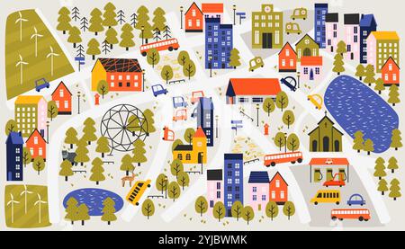 Niedlicher Stadtplan. Cartoon handgezeichnetes Dorf mit Häusern, Bäumen und Bergen, Kindergarten oder Kindergarten Straße und Landschaftsillustration. Vektorsatz Stock Vektor