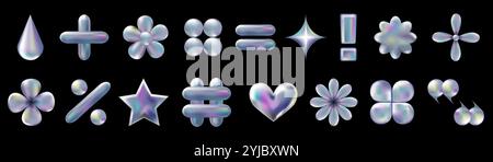 3D-holografischer Retro-90-Symbolsatz. Chrom Heart, Hashtag, Prozent, Stern, Gänseblümchen, abstrakte Formen isoliert auf Schwarz. Ästhetik der Zukunft, 3D-Chrom-Blasenkunst. Aufkleberset aus glänzendem Metall. Stock Vektor