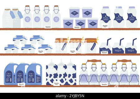 Molkerei in Regalen. Innenausstattung des Supermarkts mit Milch, Butter, Käse und Joghurt in den Regalen. Verpackung von Vektormilchprodukten in Zeilendarstellung Stock Vektor