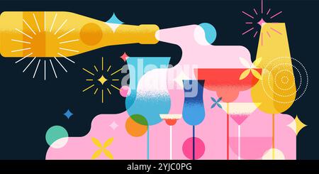 Nachtparty-Banner, Poster-Design mit flüssigem Champagner, Flasche, Cocktails, Feuerwerk. Geometrische Vektorabwicklung. Alkoholisch, alkoholfrei dr. Stock Vektor
