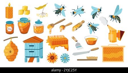 Honig und Imkereiprodukte. Bienenzucht Honigbienenprodukte, Bienenwaben-Imker-Werkzeuge, Glasgefäß mit Flüssignektar. Vektor-Zeichentrickset Stock Vektor