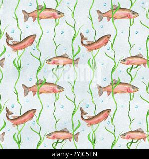 Nahtloses Muster mit Regenbogenforellen, Algen und Wasserblasen. Blauer Aquarellhintergrund. Handgezeichnete Aquarellillustration Stockfoto