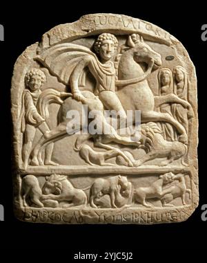 Grabrelief mit der Figur des Kriegers, Thrakisch, Stein, aus Plovdiv. Museum: ARCHÄOLOGISCHES MUSEUM, Sofia, BULGARIEN. Stockfoto