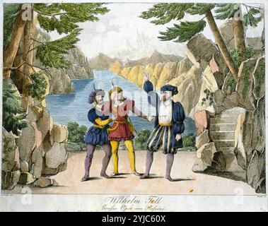 Szene aus der Oper „William Tell“ von Rossini mit Kupferstich aus dem 19. Jahrhundert. Museum: Museen der Stadt, VIENA, ÖSTERREICH. GIOACCHINO ROSSINI. Stockfoto