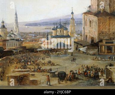 Kasaner Kreml mit Verkündigungskirche und Markt auf Platz, 1846 Öl auf Leinwand. Details. Museum: Tretiakovaes Galerie, MOSCU, RUSSLAND. Autor: Andrej Nicolaevich Rakovitch. Stockfoto