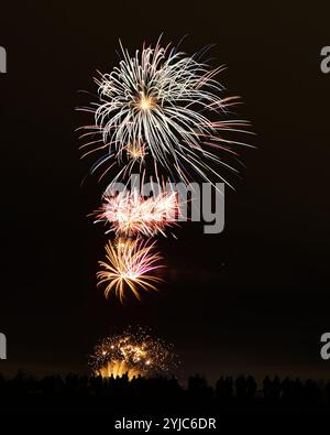 Silhouetten von Leuten, die ein Feuerwerk bei Guy Fawkes Night sehen Stockfoto