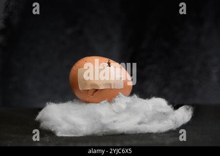 Gebrochene Eierschale mit Reparaturpflaster auf einer Wattwolke. Das Konzept der Fragilität und Resilienz Stockfoto