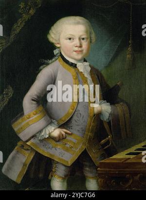 Pietro Antonio Lorenzoni / "Wolfgang Amadeus Mozart als kleiner Junge im Hofkostüm", 1767 , Öl auf Leinwand. JOHANN WOLFGANG MOZART. Stockfoto