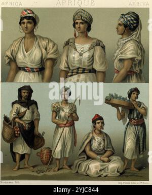 Algerien und Tunesien-Kabyle, Mzabitinnen und Moresche Frauen, Reisender Verkäufer aus A.. Racinet, Historisches Kostüm, 1888. Museum: MUSEE DES ARTS DECORATIFS, Paris, Frankreich. Stockfoto