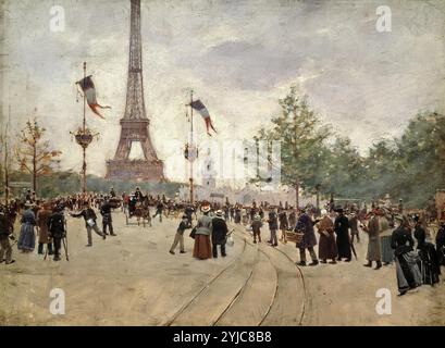 Der Eingang zur Weltausstellung von 1889 Paris mit dem Eiffelturm, Öl auf Leinwand. Museum: MUSEE CARNAVALET, Paris, Frankreich. Verfasser: JEAN BERAUD. Stockfoto