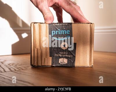 Paris, Frankreich - 14. November 2020: Eine kleine Amazon Prime Box auf Holzboden, die die Lieferung von Zuhause und die Verpackung von E-Commerce in einem Wohnbereich veranschaulicht Stockfoto