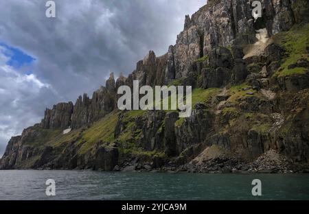 Die spektakuläre Alkefjellet Klippe mit Guillemots, Doleritsäulen, Svalbard Stockfoto