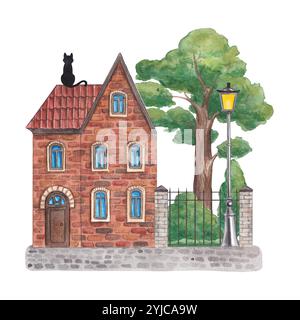 Europäisches Backsteinhaus mit Garten und Baum. Aquarell handgezeichnete Illustration eines niedlichen Häuschens. Clipart auf weißem Hintergrund über Stadt, Straße, Architektur Stockfoto