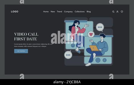 Online-Dating-Konzept. Zwei Personen verbinden sich per Videoanruf für ein romantisches erstes Date. Virtuelle Kommunikation in modernen Beziehungen. Vektorabbildung. Stock Vektor