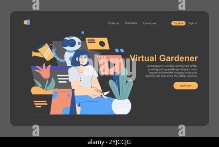 Website-Banner für einen virtuellen Gartendienst mit einem Roboter zur Bewässerung von Pflanzen und Benutzerinteraktion. Zukunftshilfe für den Gartenbau online. Vektorabbildung. Stock Vektor