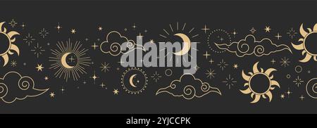 Himmlische nahtlose Grenze, spirituelle Dekoration mit asiatischen Wolken, Mond, Sonnenaufgang und Sternen. Linien-Astrologie-Muster, minimaler geometrischer Hintergrund. Vektorabbildung Stock Vektor
