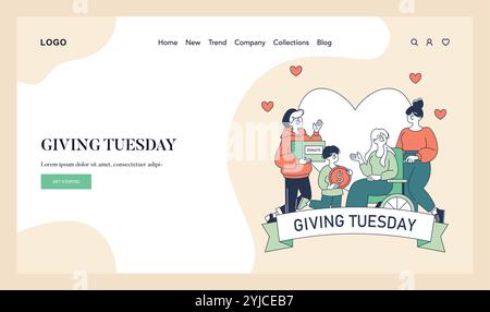 Gebenden Dienstag Konzept. Großzügigkeit und Unterstützung durch die Gemeinschaft, dargestellt durch Spenden und Freiwilligenaktionen. Illustration für wohltätige Veranstaltungen. Vektorabbildung. Stock Vektor