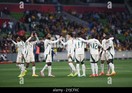 MELBOURNE, AUSTRALIEN. November 2024. Das Saudi-Arabien-Team bereitet sich auf den Start der dritten Runde der AFC-WM-Qualifikationsrunde der Gruppe C Australien gegen Saudi-Arabien im Rectangular Stadium in Melbourne im AAMI Park am 14. November 2024 vor. Quelle: Karl Phillipson/Alamy Live News Stockfoto