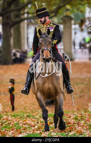 London, Großbritannien. November 2024. Die Königstruppe Royal Horse Artillery feuert einen 41-Kanonen-Royal Salute in Green Park ab, um König Charles 76. Geburtstag zu feiern. Quelle: Imageplotter/Alamy Live News Stockfoto