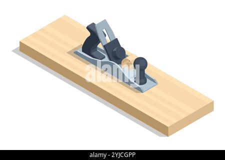 Isometrisch Ein Tischler aus Metall, der auf einer Holzwerkbank in einer Holzwerkstatt platziert wird. Holzbearbeitungswerkzeuge Holztisch. Tischlerei Stock Vektor