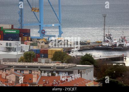 Rijeka, Kroatien. November 2024. Am 14. November 2024 wird Militärausrüstung der USA am Brajdica-Containerterminal in Rijeka, Kroatien, entladen. Amerikanische militärische Ausrüstung und Ressourcen werden an den Hafen von Rijeka geliefert und per Straße und Schiene an mehrere Standorte in Europa transportiert, wo Mitglieder der US-Streitkräfte an Aktivitäten zur Unterstützung von NATO-Verbündeten und -Partnern teilnehmen. Foto: Nel Pavletic/PIXSELL Credit: Pixsell/Alamy Live News Stockfoto