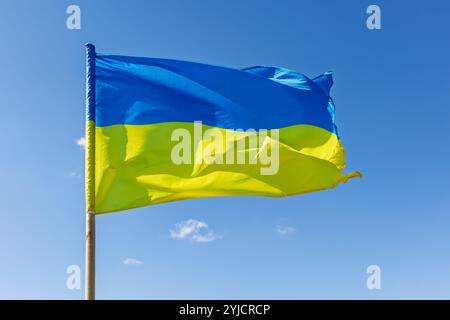 Die Staatsflagge der Ukraine flattert im Wind. Eine gelbe und blaue Flagge auf einem Holzpfahl vor einem klaren blauen Himmel an einem sonnigen Tag Stockfoto