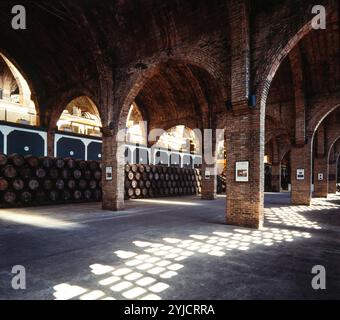 Cavas Codorniu, 1902-1915. Bodega grande. Nave COLUMNAS. Tres arcos de medio punto sobre pilares, que soportan los arcos torales de ladrillo de las vueltas. Modernismo. Sant Sadurní d'Anoia. AUTOR: JOSEP PUIG I CADAFALCH. Stockfoto