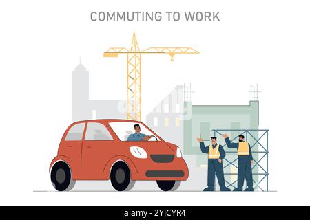 Die tägliche Fahrt des Baumeisters zur Baustelle mit Begrüßung der Arbeiter und Kränen in der Skyline der Stadt. Vektorabbildung. Stock Vektor