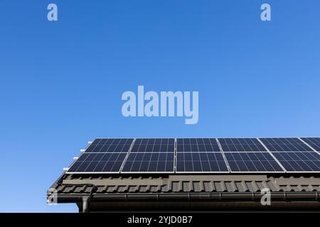 Haus mit Solarpaneelen Photovoltaikanlage System professionell auf Blechdach installiert, grün gehen. Blauer Hintergrund. Saubere Alternative Stockfoto