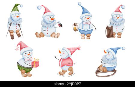 Set von Vintage-Schneemännern. Winterspaß. Handgezeichnete Aquarellillustration im Kinderstil. Weihnachtselement für Karten, Drucke, Banner und anderes Design Stockfoto